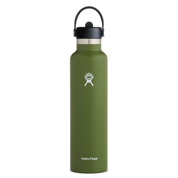 A olive green 24 ounce stainless steel Hydroflask water bottle with straw lid and handle strap.